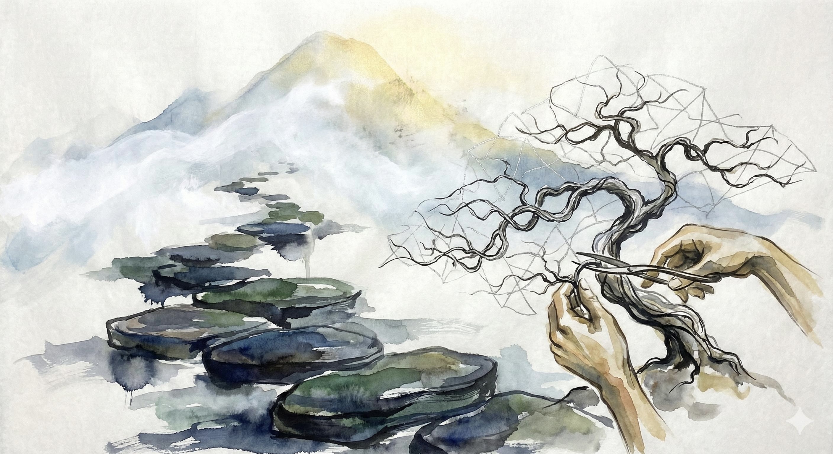 Watercolor illustration of stepping stones leading to misty mountains, with hands shaping a bonsai tree - representing the craft journey